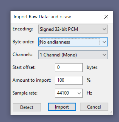 Audacity import settings