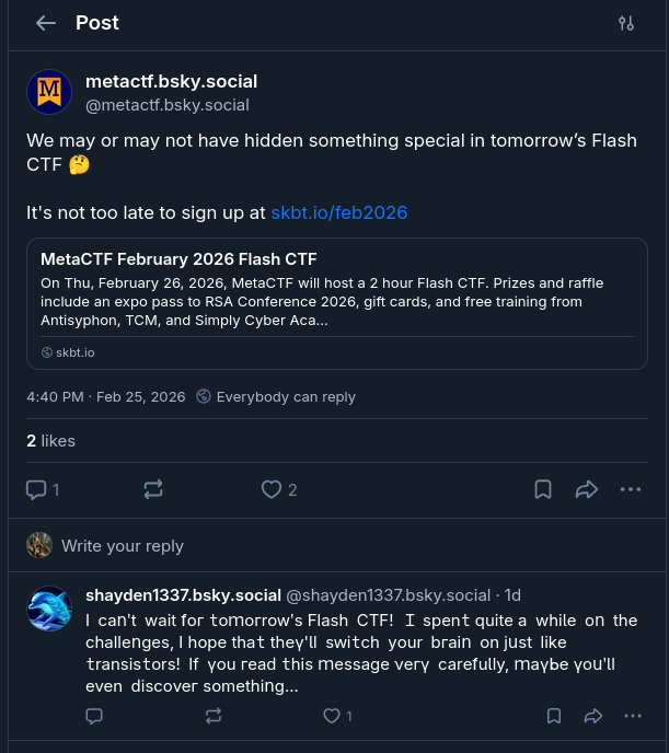 Reply from shayden1337 under the MetaCTF post